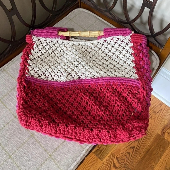 NWOT Free People Macrame Pink and White Tote - Picture 2 of 8
